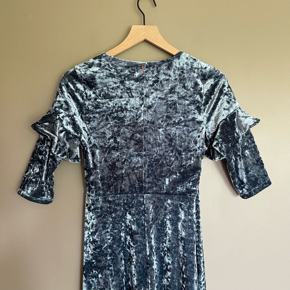 Misa Symone Wrap Dress Velvet Maxi Size XS Ruffle Sleeves Braided Sash Belt Teal - Picture 12 of 16